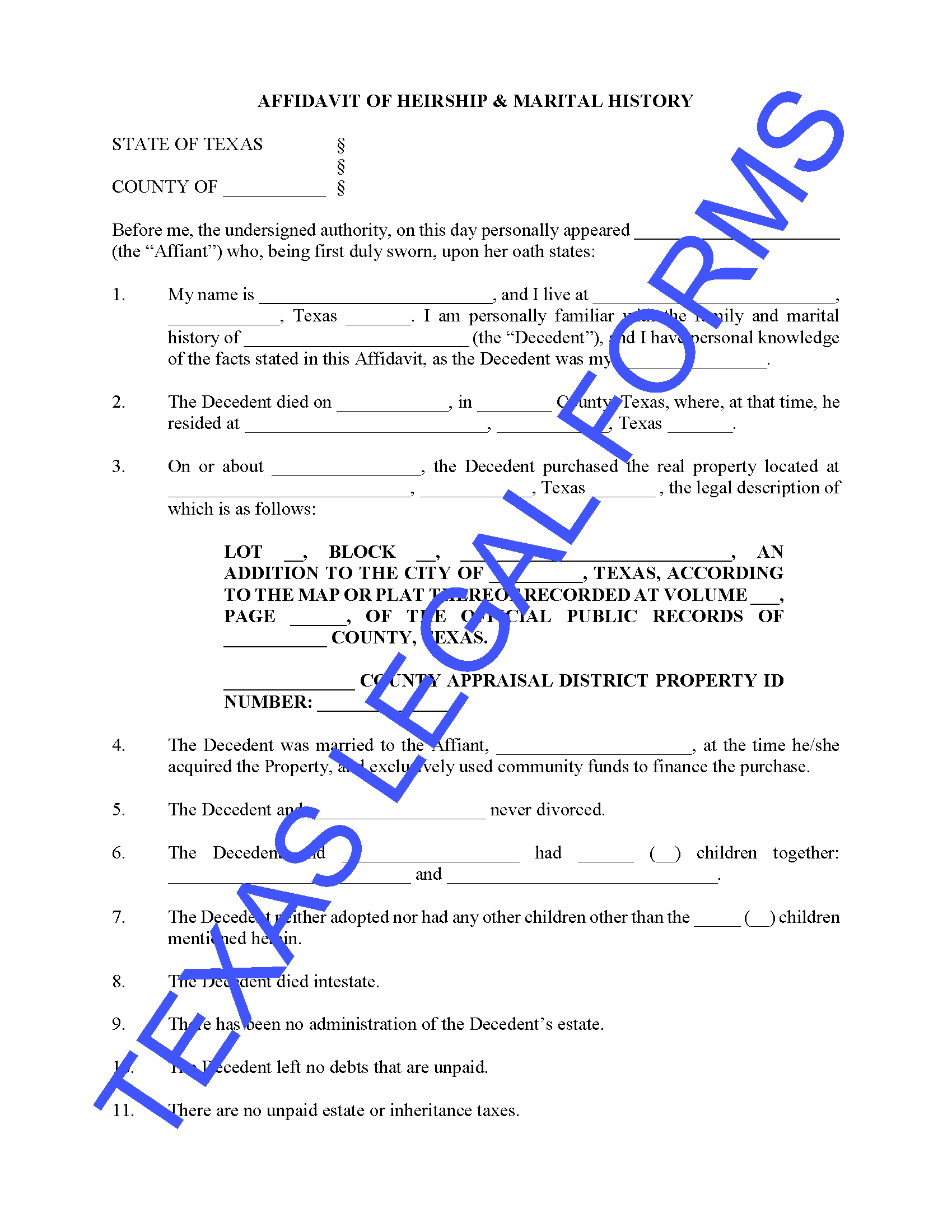 Texas Affidavit Of Heirship Marital Status Form Order Probate Legal 