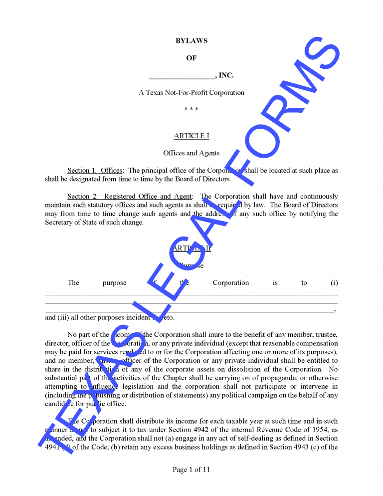Texas Bylaws Not For Profit Corporation Form Order Corporate Legal