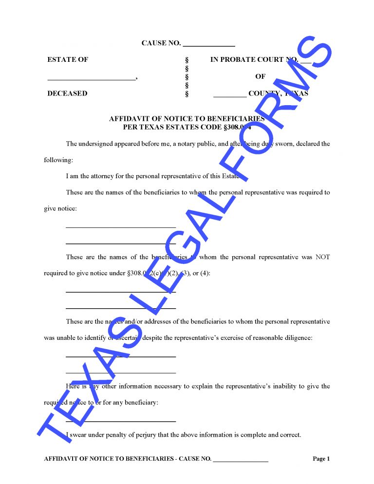 Texas Affidavit Of Notice To Beneficiaries Form - Buy Probate Legal ...