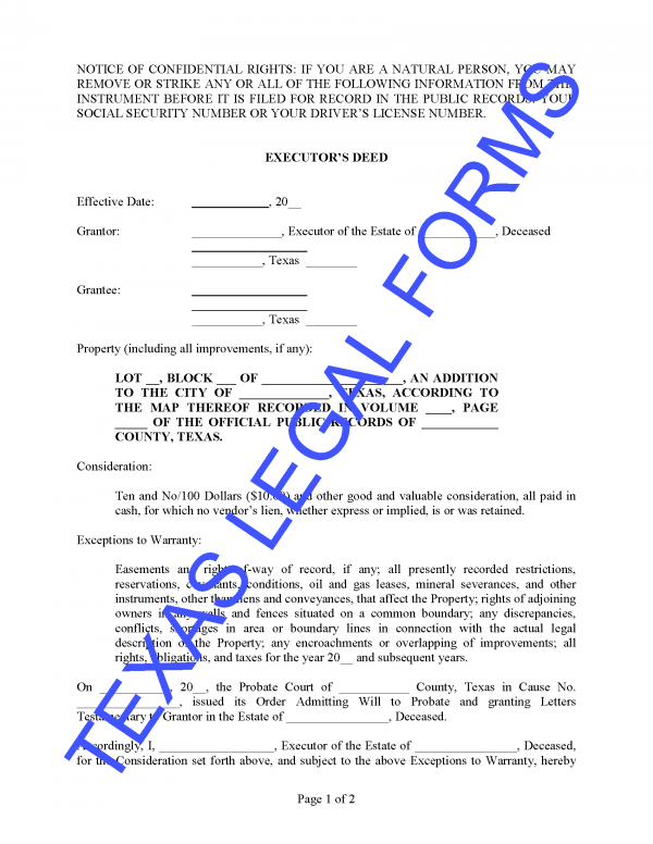 Executor S Deed Texas Legal Forms By David Goodhart Pllc