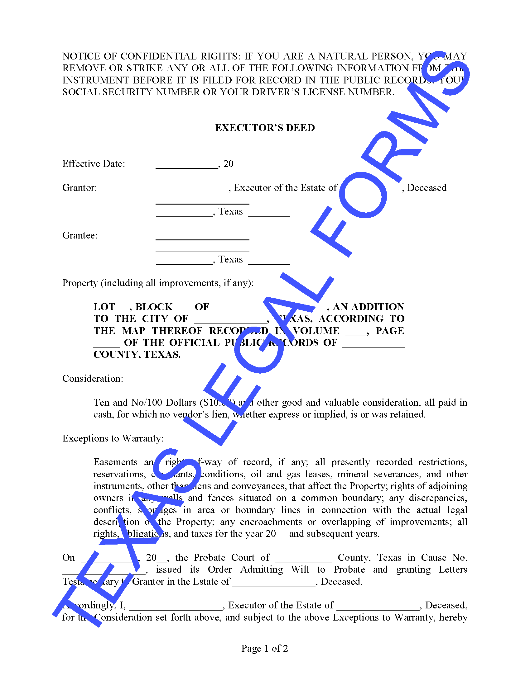 Executor s Deed Texas Legal Forms By David Goodhart PLLC