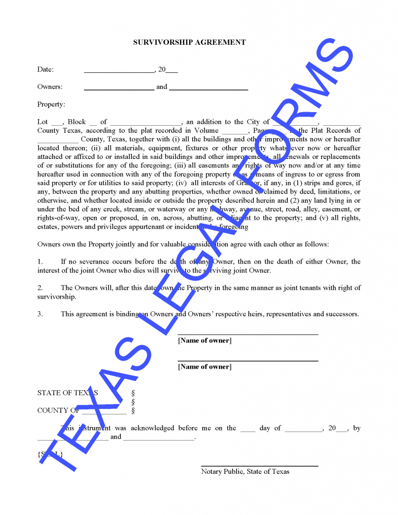 Texas Joint Tenancy Survivorship Agreement Buy Probate Legal Forms 