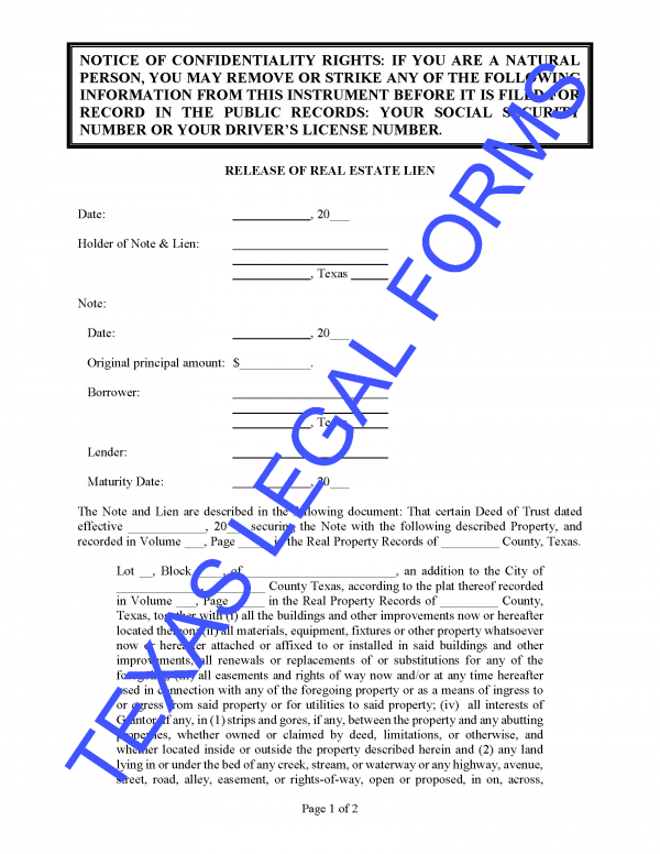 Texas Release Of Real Estate Lien Order Real Estate Legal Forms Online Texas Legal Forms 8289