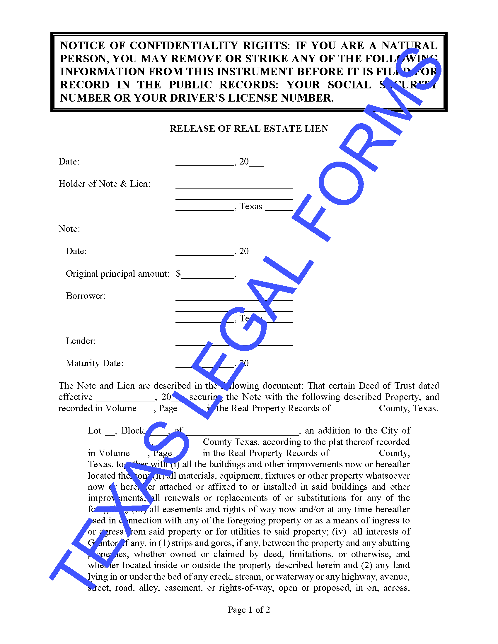 Texas Release Of Real Estate Lien Order Real Estate Legal Forms 