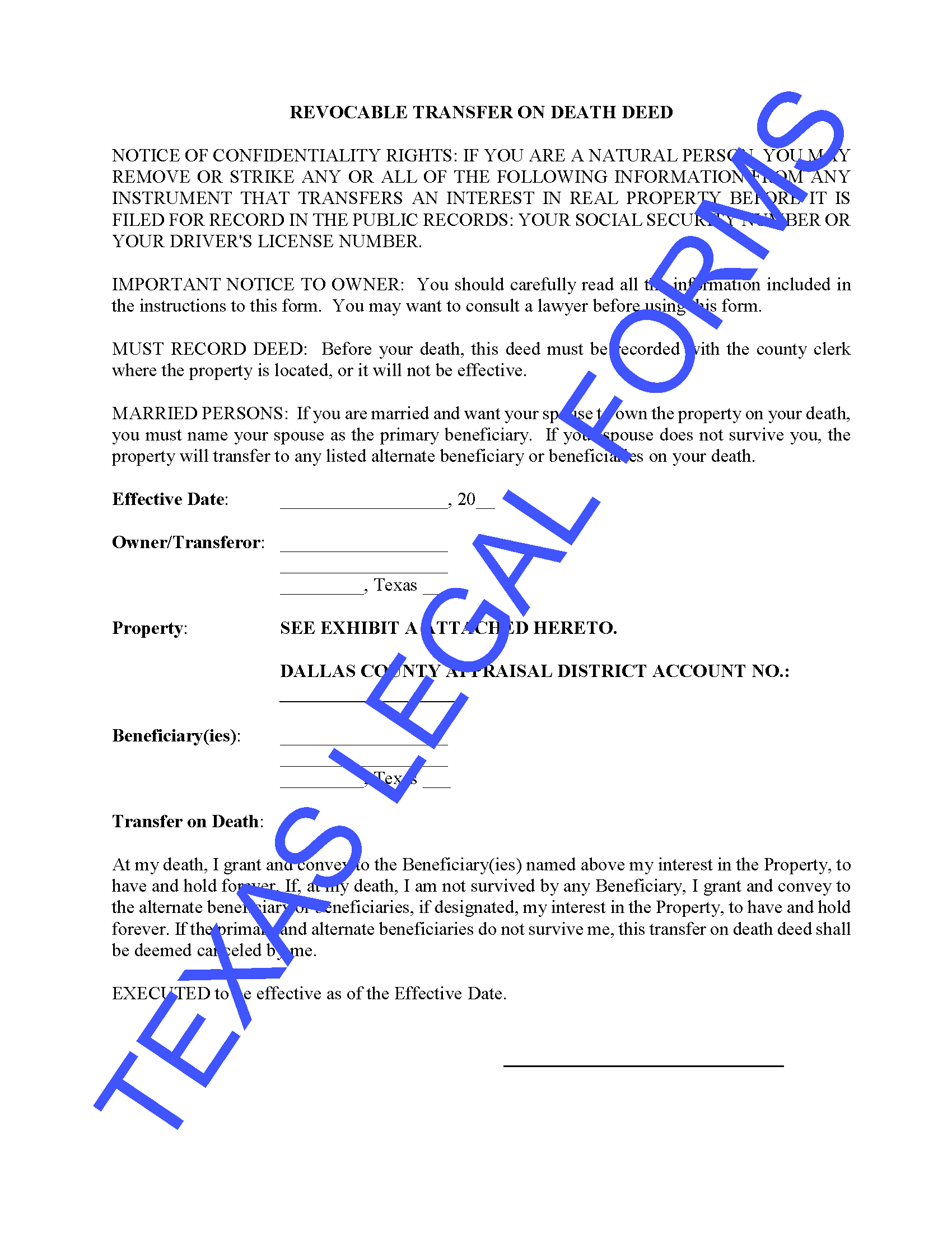 Revocable Transfer On Death Deed Texas Legal Forms By David Goodhart 