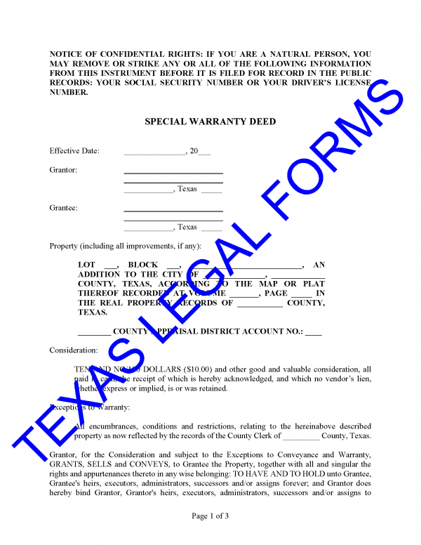Special Warranty Deed Joint Tenancy Survivorship Agreement Texas