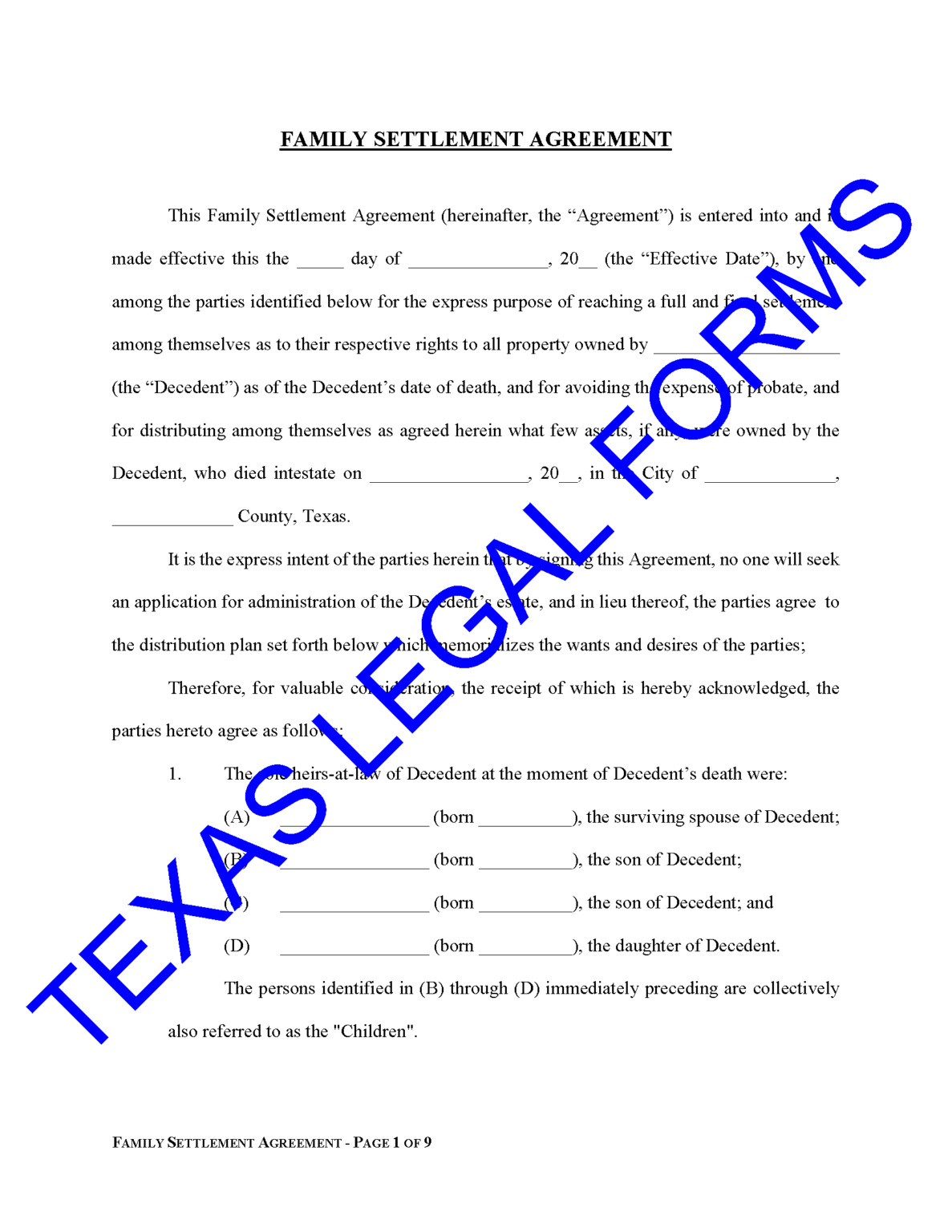 Family Settlement Agreement Texas Legal Forms By David Goodhart PLLC