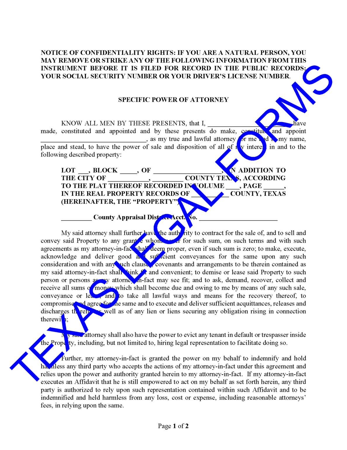 Specific Power Of Attorney Texas Legal Forms By David Goodhart Pllc 2582